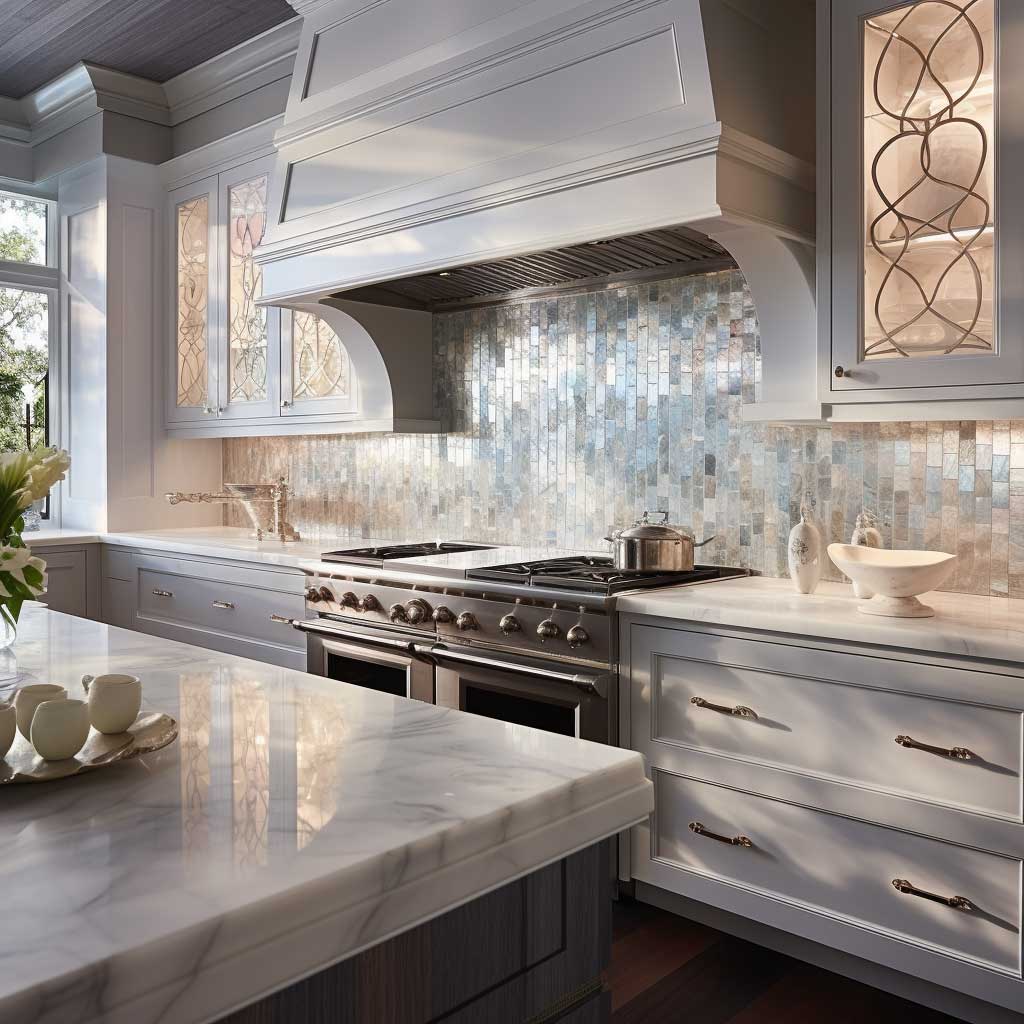 A luxury kitchen featuring a backsplash with white, luminescent mother-of-pearl tiles, creating a refined and opulent ambiance.