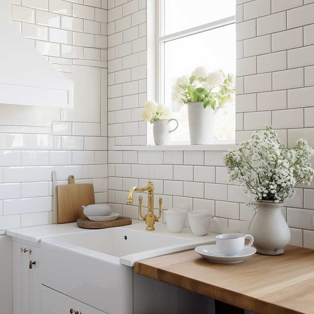 A monochromatic kitchen with a sleek, white subway tile backsplash reflecting light, creating an airy, serene ambiance.