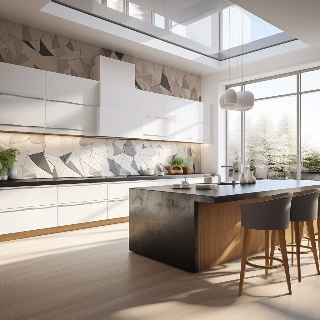 A sophisticated kitchen featuring a backsplash made of white geometric tiles, creating a dynamic and modern aesthetic.
