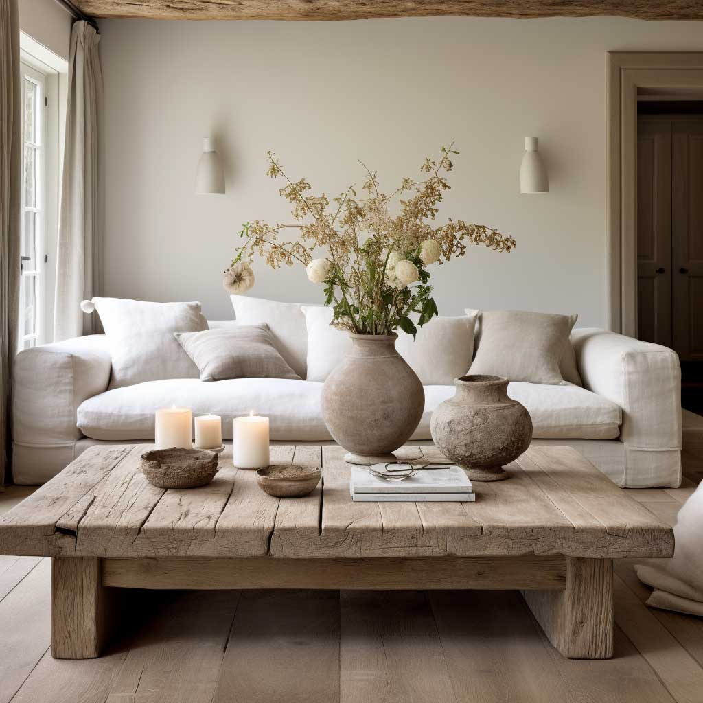 A charming rustic living room dominated by neutral hues, showcasing a weathered wood coffee table and cozy textiles.