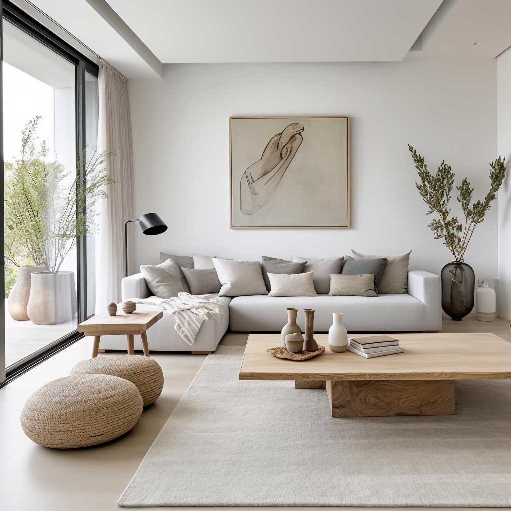 A minimalist living room showcasing a neutral color palette of whites and grays with contemporary furniture and organic decor.