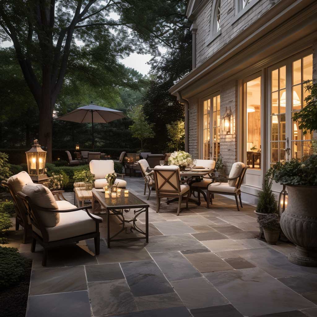 A luxurious outdoor patio distinguished by meticulously arranged stone pavers, exuding timeless elegance and sophistication.