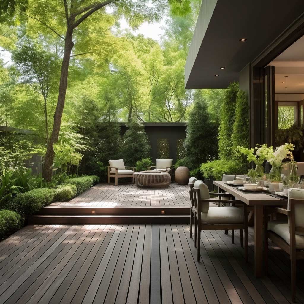 A spacious patio adorned with wooden decking, harmoniously blending with the surrounding greenery and serving as a serene outdoor retreat.