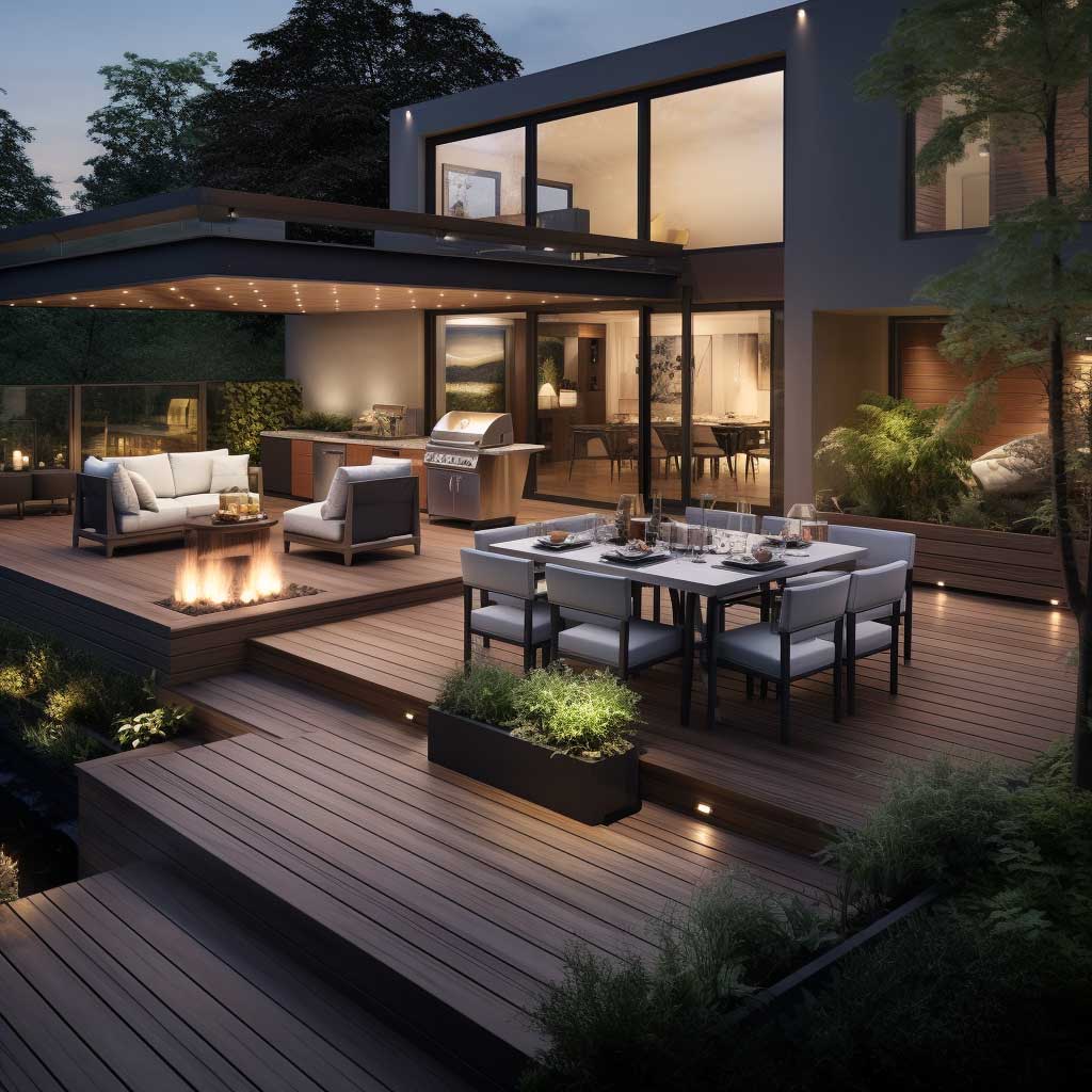 A well-designed deck with an outdoor kitchen and dining area, a cozy seating arrangement, and planters, reflecting a practical outdoor living space idea.