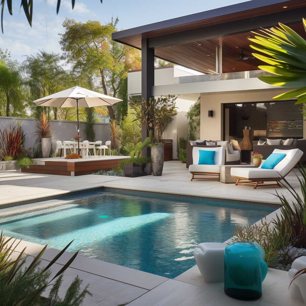 An inviting poolside lounge equipped with a swimming pool, sun loungers, and a shaded seating area, demonstrating a vibrant outdoor living space idea.