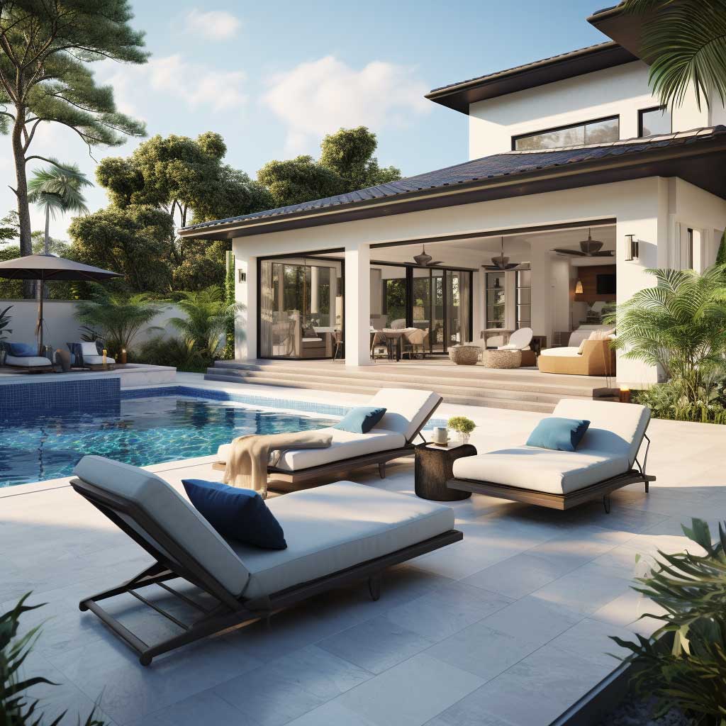 An inviting poolside lounge equipped with a swimming pool, sun loungers, and a shaded seating area, demonstrating a vibrant outdoor living space idea.