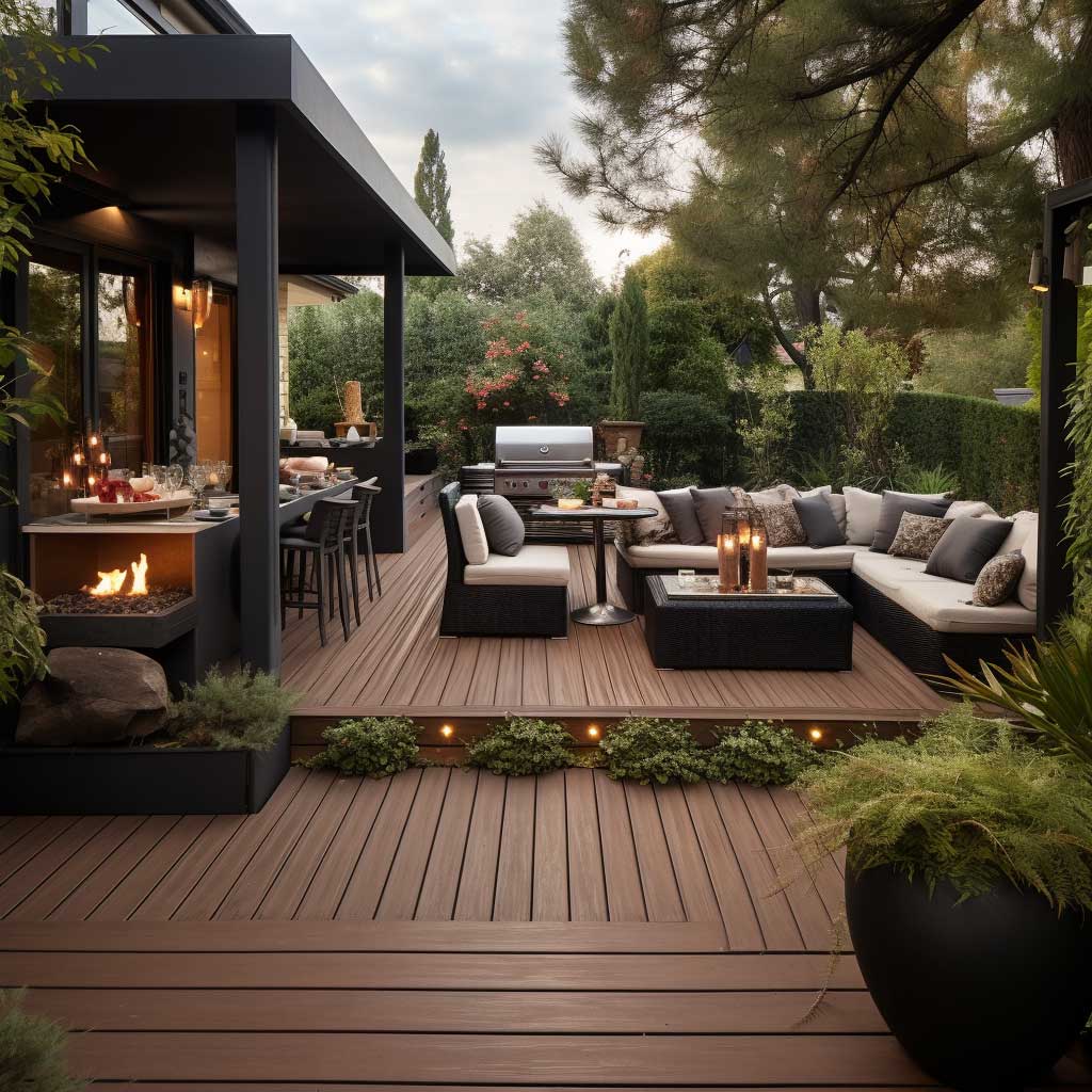 A well-designed deck with an outdoor kitchen and dining area, a cozy seating arrangement, and planters, reflecting a practical outdoor living space idea.