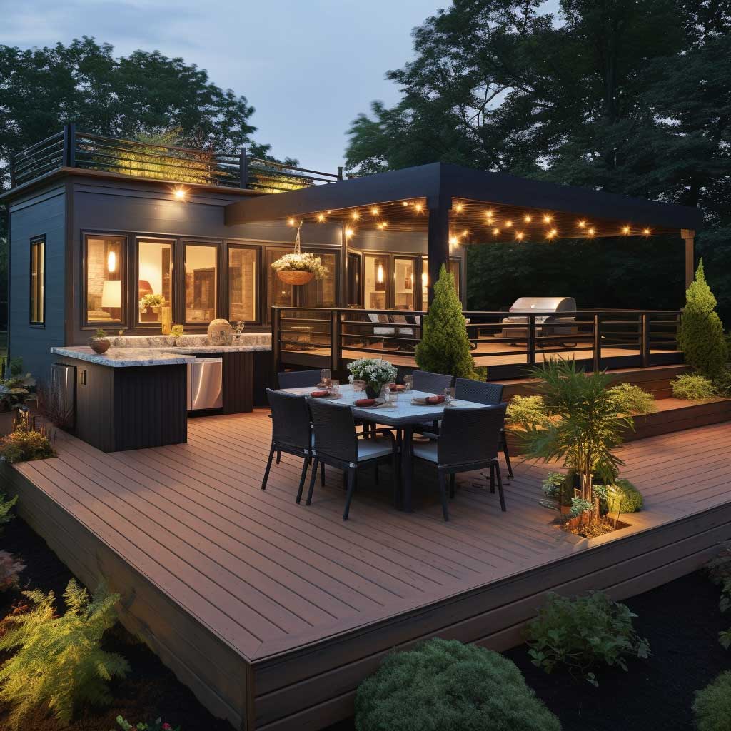 A well-designed deck with an outdoor kitchen and dining area, a cozy seating arrangement, and planters, reflecting a practical outdoor living space idea.