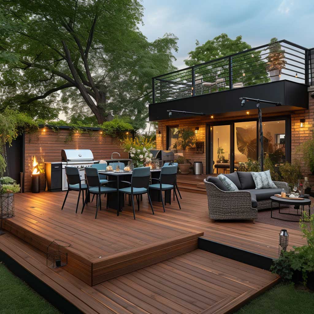 A well-designed deck with an outdoor kitchen and dining area, a cozy seating arrangement, and planters, reflecting a practical outdoor living space idea.