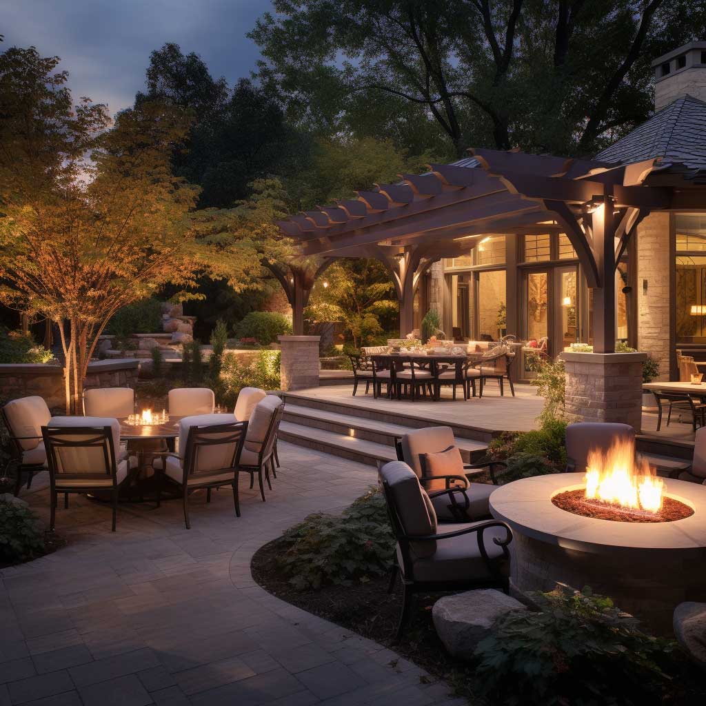 An enchanting patio oasis furnished with cozy seating arrangements, accentuated by a warm fire pit and ambient lighting, illustrating an inviting outdoor living space idea.