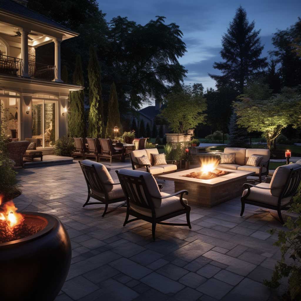An enchanting patio oasis furnished with cozy seating arrangements, accentuated by a warm fire pit and ambient lighting, illustrating an inviting outdoor living space idea.
