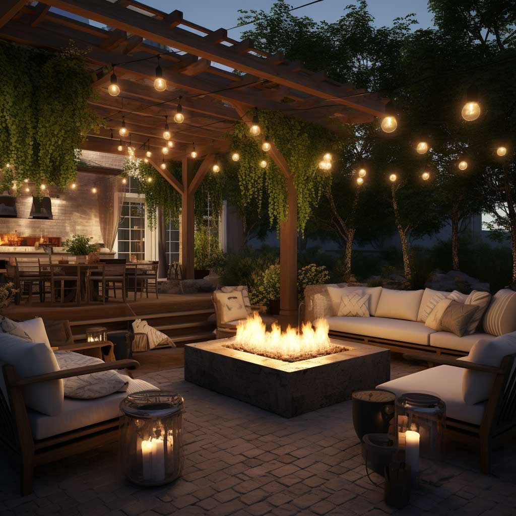 An enchanting patio oasis furnished with cozy seating arrangements, accentuated by a warm fire pit and ambient lighting, illustrating an inviting outdoor living space idea.