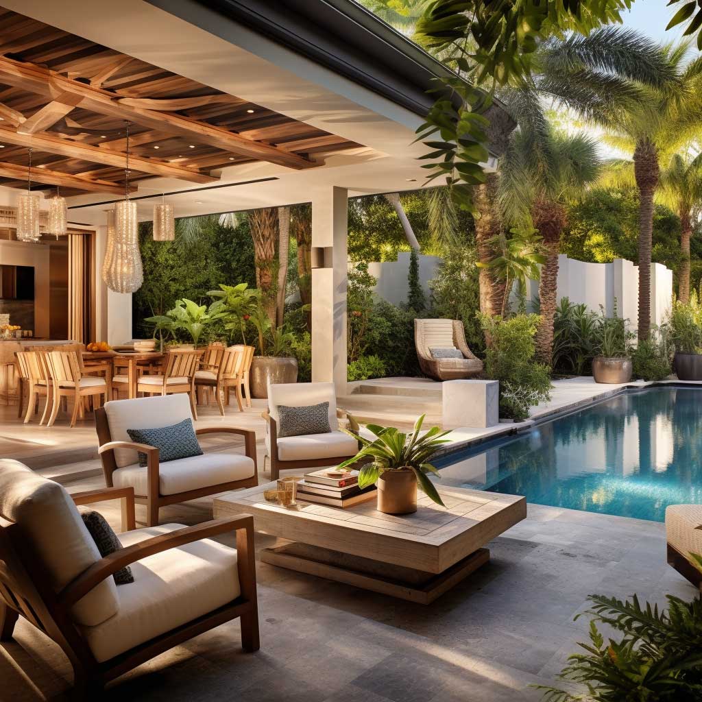 An inviting poolside lounge equipped with a swimming pool, sun loungers, and a shaded seating area, demonstrating a vibrant outdoor living space idea.