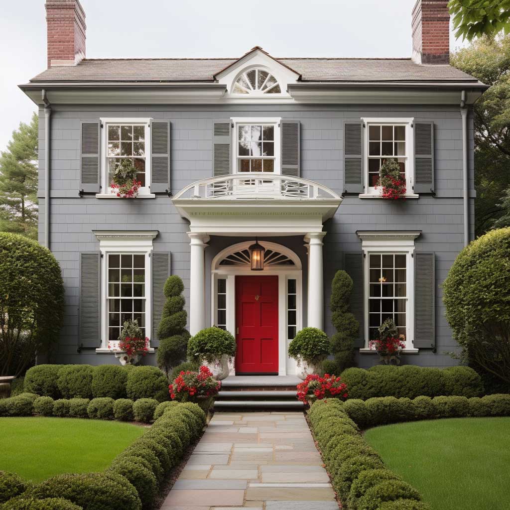 A classic American Colonial style house exterior painted in soft grey with white trims and a red front door, surrounded by greenery.