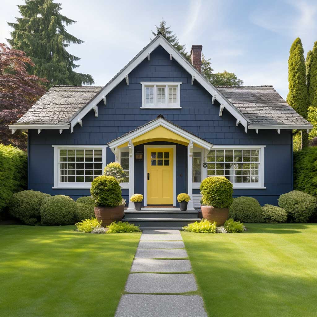 An American style house exterior showcasing a fusion of classic and contemporary design, painted in slate blue with white trims and a bright yellow door, set against a manicured lawn.