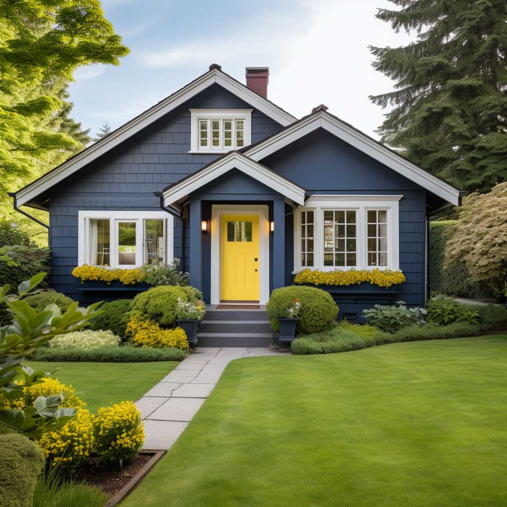 An American style house exterior showcasing a fusion of classic and contemporary design, painted in slate blue with white trims and a bright yellow door, set against a manicured lawn.