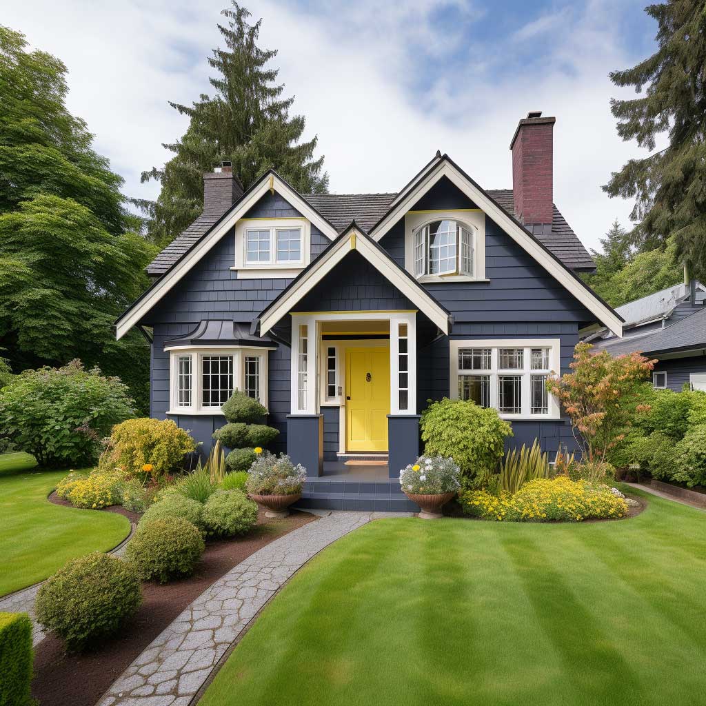 An American style house exterior showcasing a fusion of classic and contemporary design, painted in slate blue with white trims and a bright yellow door, set against a manicured lawn.