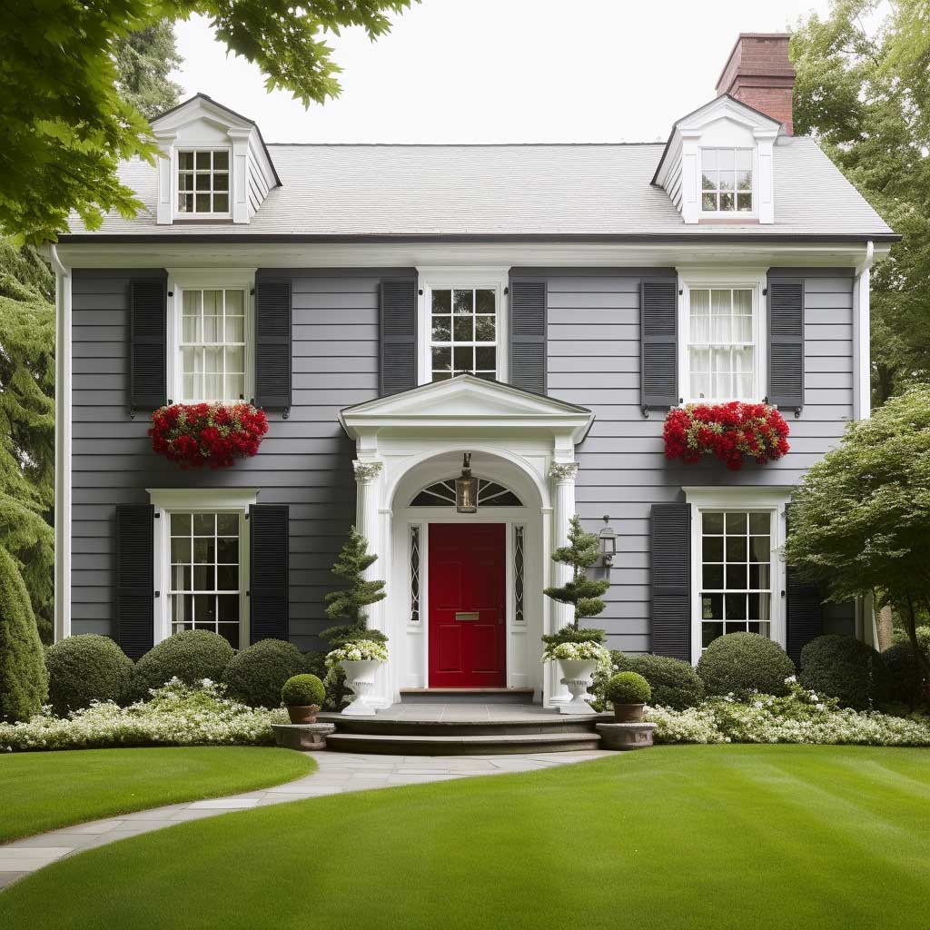 A classic American Colonial style house exterior painted in soft grey with white trims and a red front door, surrounded by greenery.