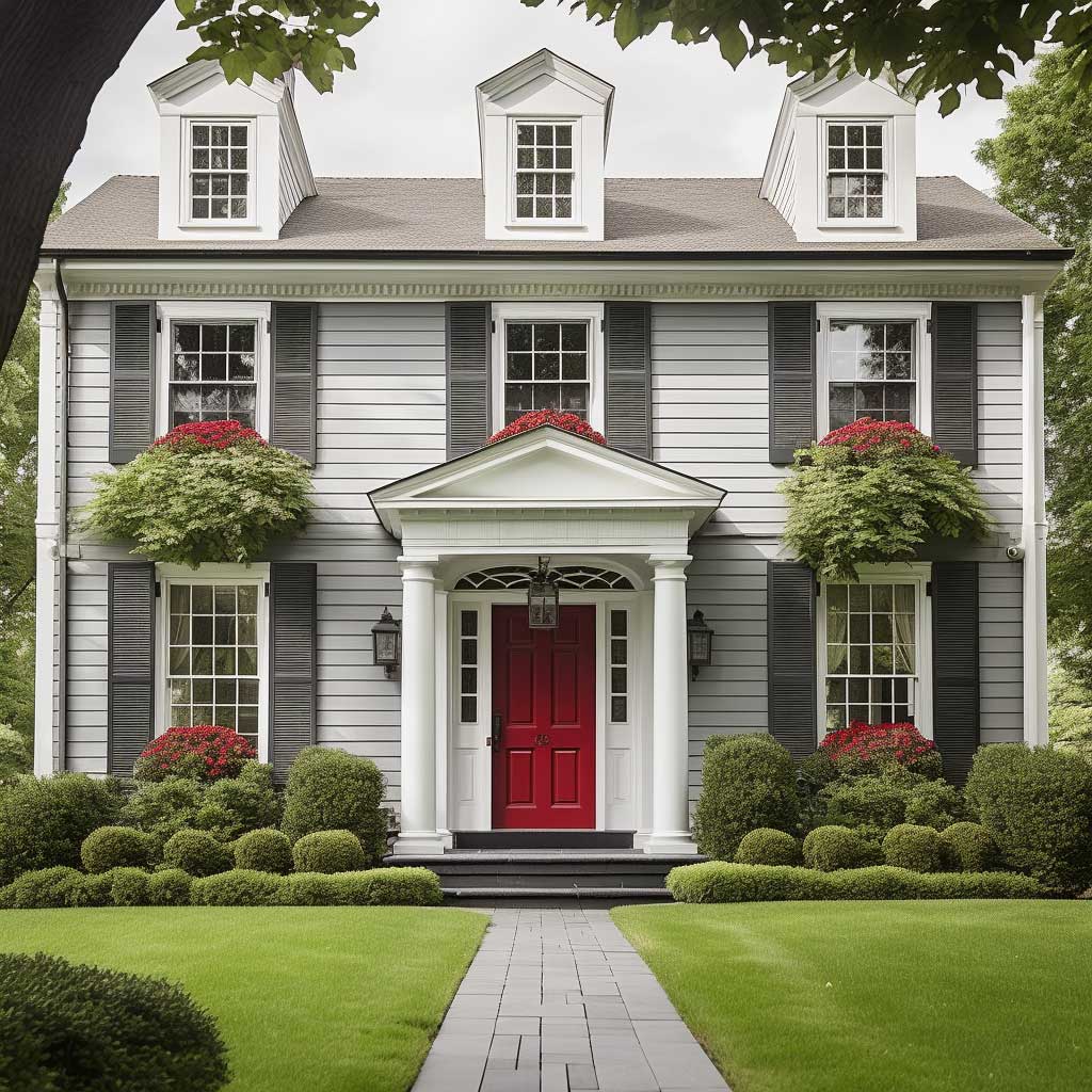 A classic American Colonial style house exterior painted in soft grey with white trims and a red front door, surrounded by greenery.