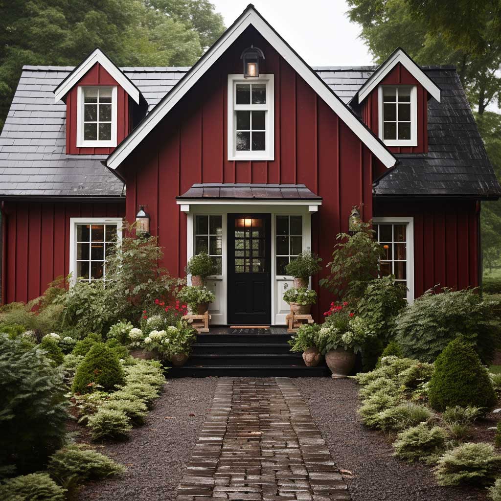 An American farmhouse-style exterior painted in a rich barn red with white trims and a black front door, surrounded by rustic landscaping.