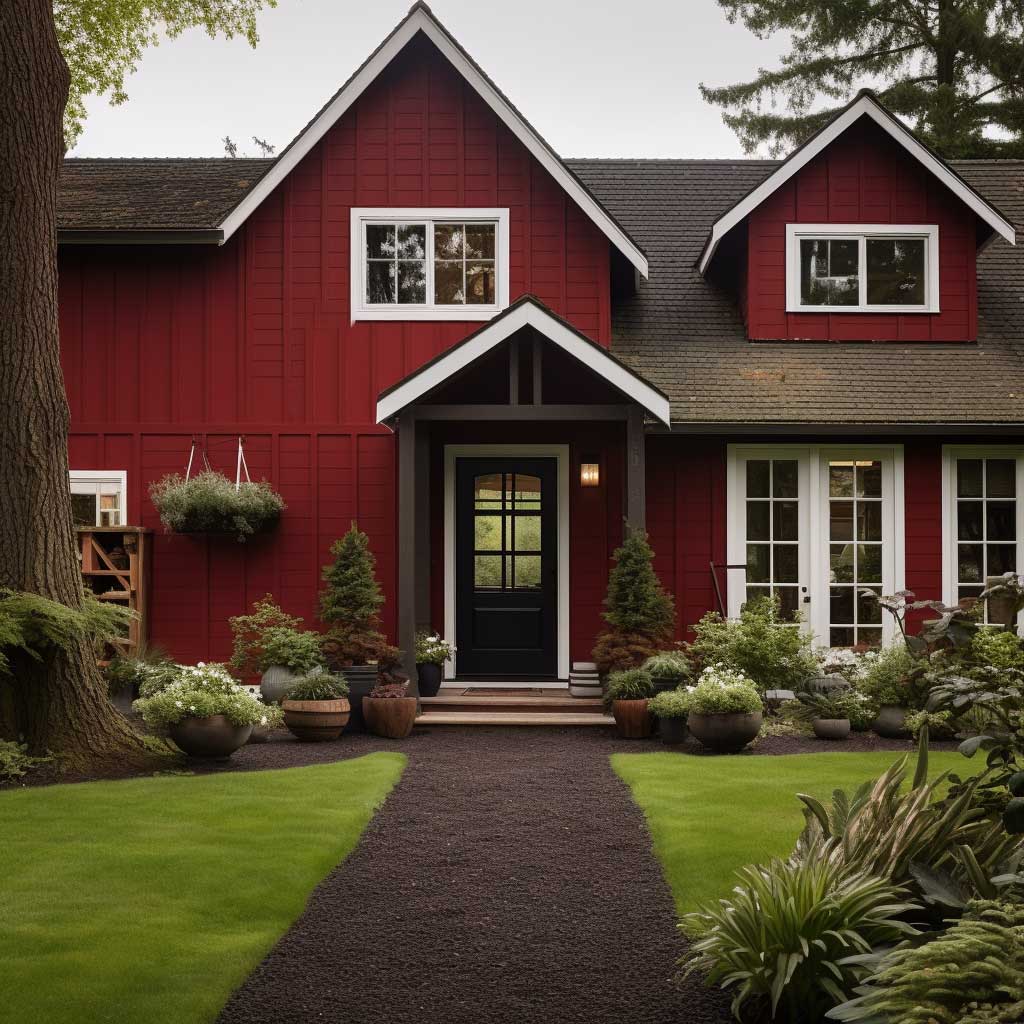 An American farmhouse-style exterior painted in a rich barn red with white trims and a black front door, surrounded by rustic landscaping.