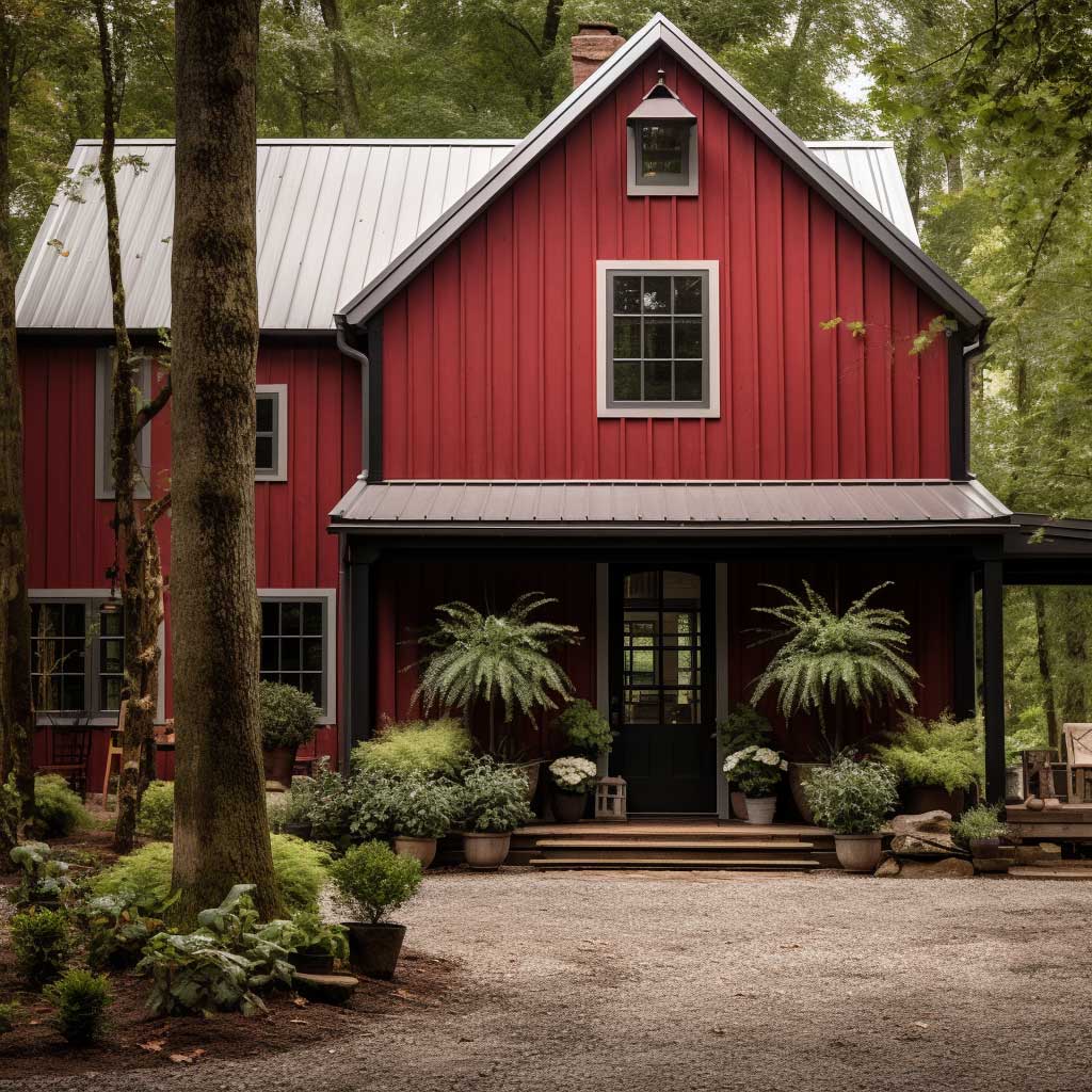 An American farmhouse-style exterior painted in a rich barn red with white trims and a black front door, surrounded by rustic landscaping.