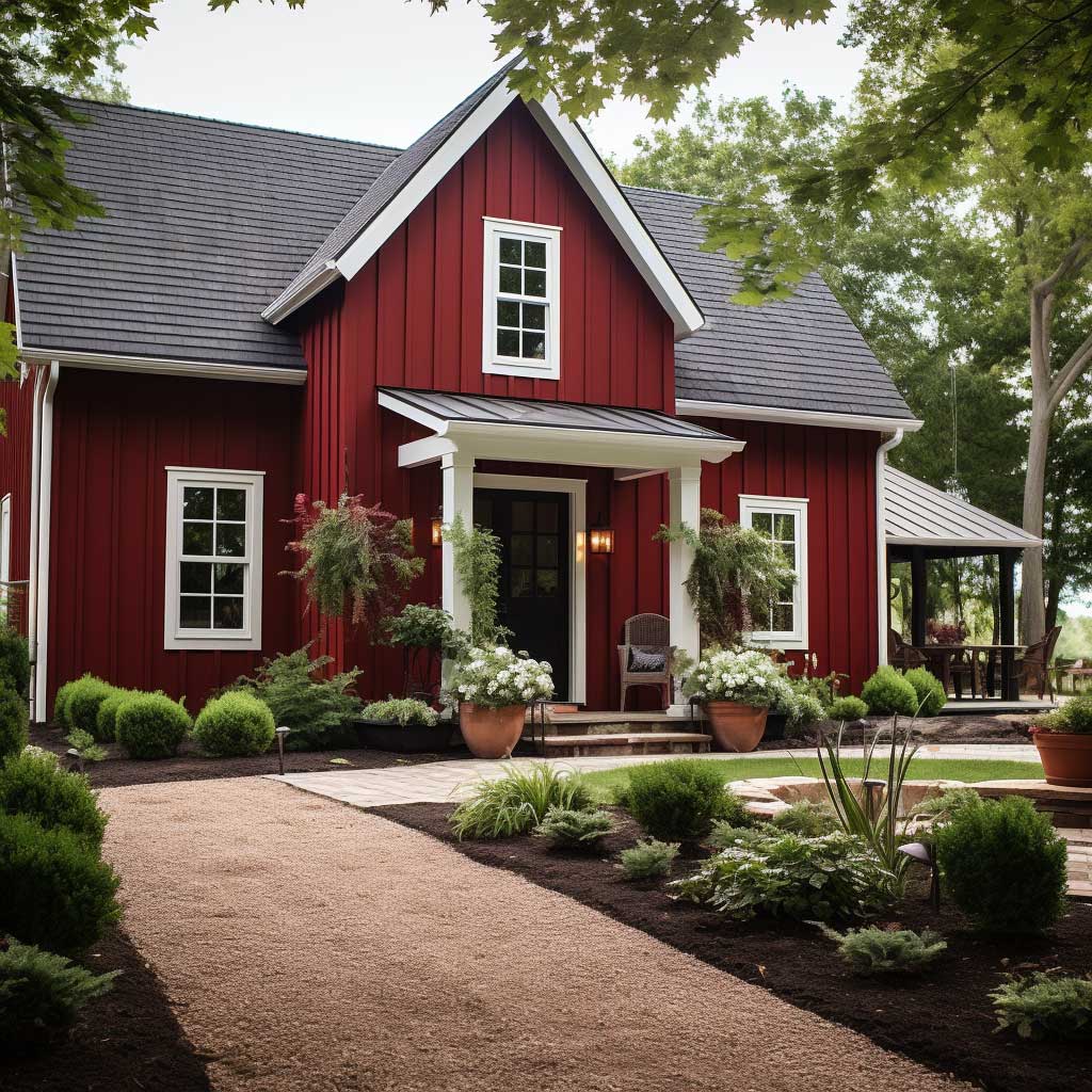 An American farmhouse-style exterior painted in a rich barn red with white trims and a black front door, surrounded by rustic landscaping.