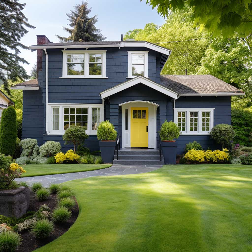 An American style house exterior showcasing a fusion of classic and contemporary design, painted in slate blue with white trims and a bright yellow door, set against a manicured lawn.
