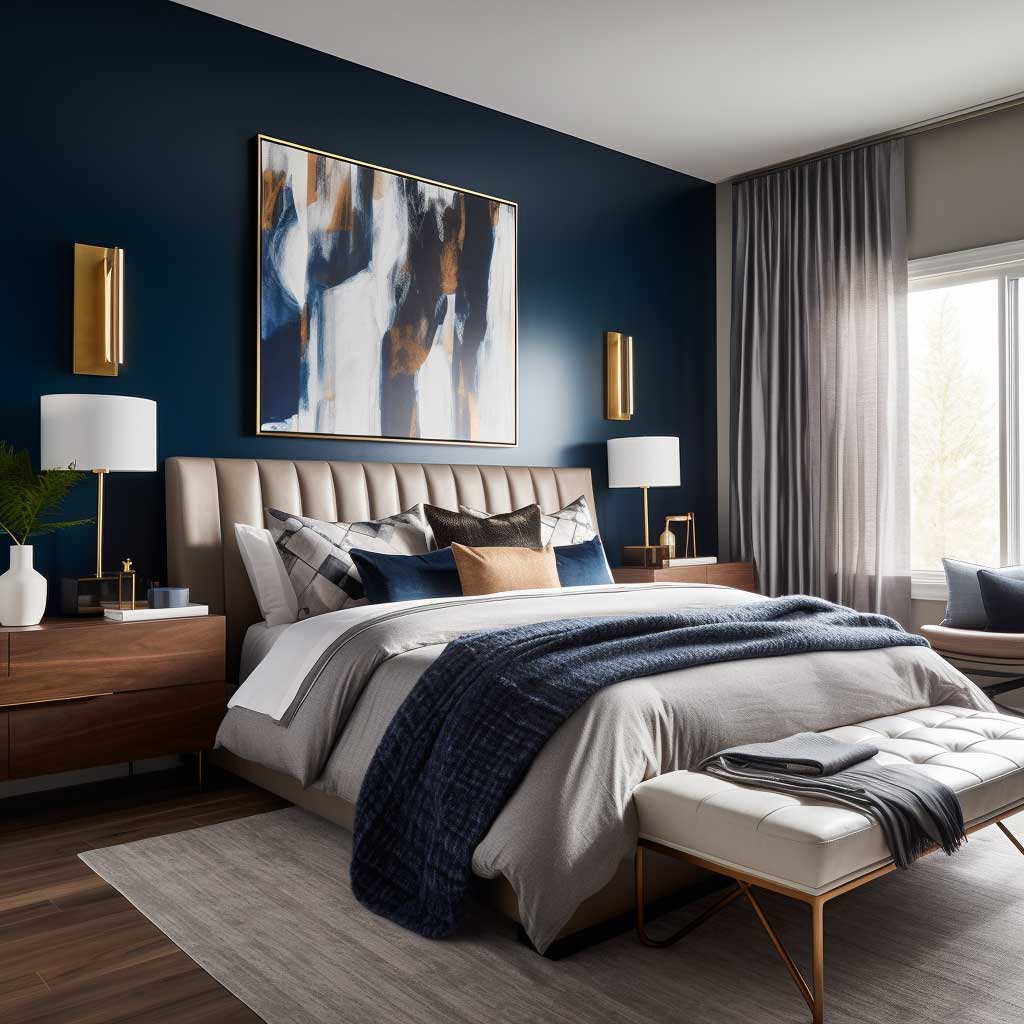 A bedroom featuring a bold, deep blue accent wall for a dynamic and modern touch.