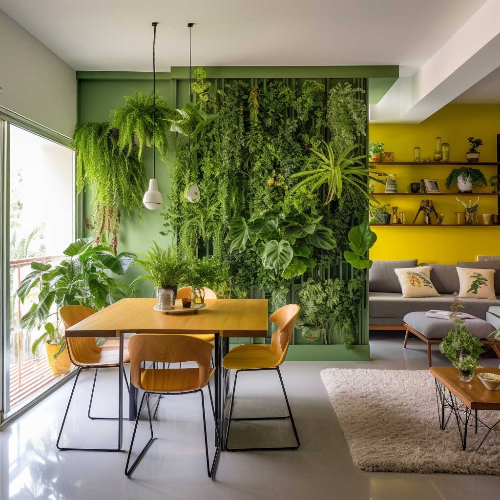 A vibrant green partition infused with plants separates the living and dining spaces, bringing a touch of nature indoors.