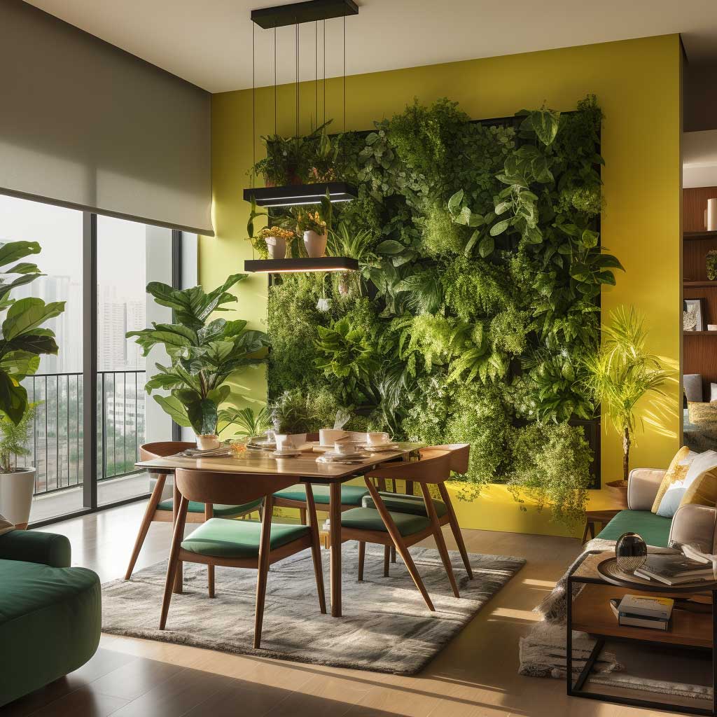 A vibrant green partition infused with plants separates the living and dining spaces, bringing a touch of nature indoors.