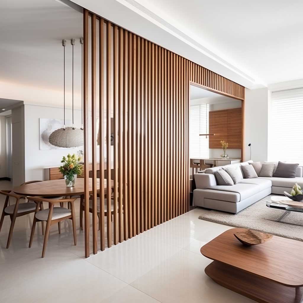 A modern partition made of wooden slats divides the living and dining areas, introducing warmth and texture.