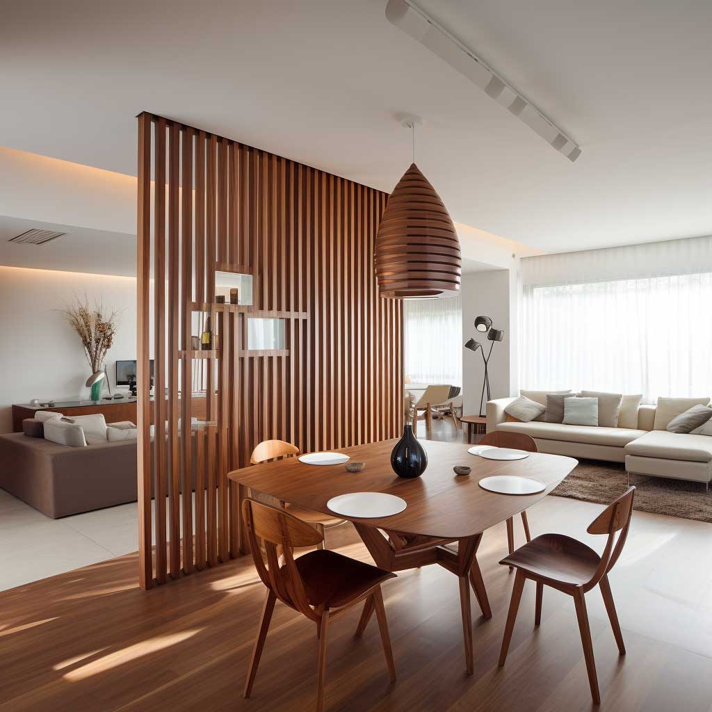 A modern partition made of wooden slats divides the living and dining areas, introducing warmth and texture.