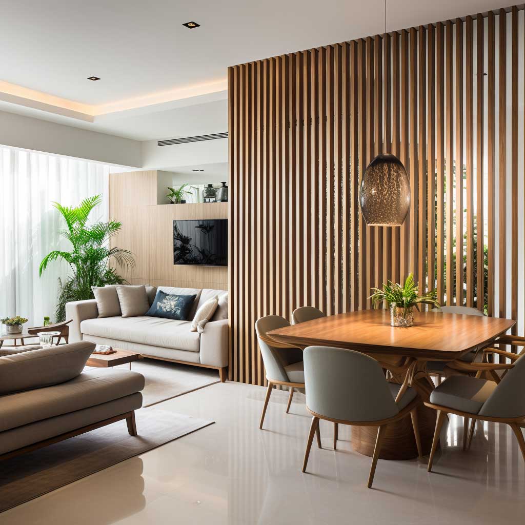 A modern partition made of wooden slats divides the living and dining areas, introducing warmth and texture.