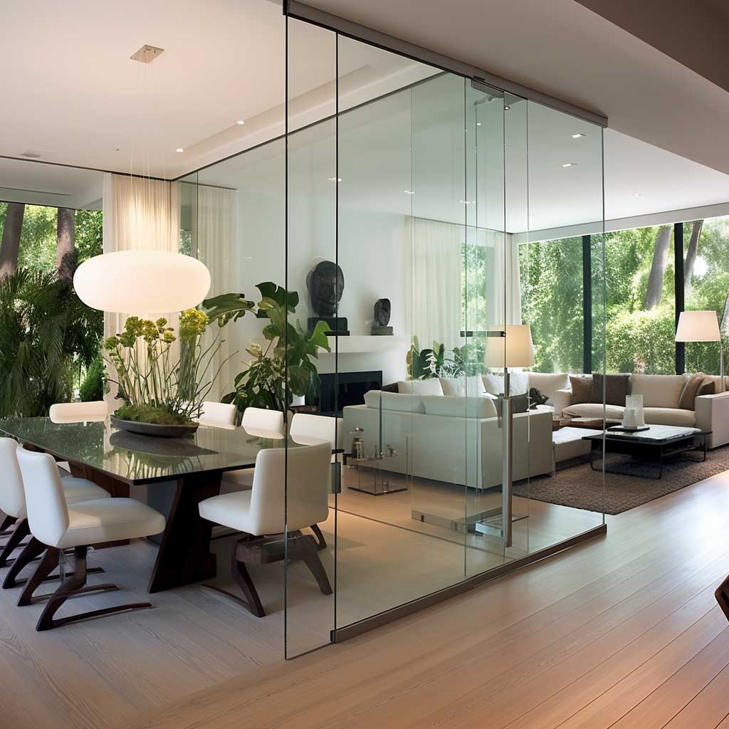A sleek glass partition separating the living room from the dining area, offering an open and airy feeling.