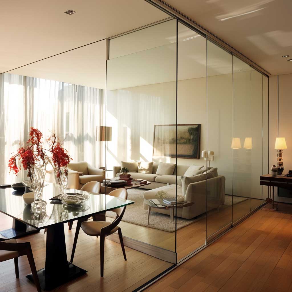 A sleek glass partition separating the living room from the dining area, offering an open and airy feeling.