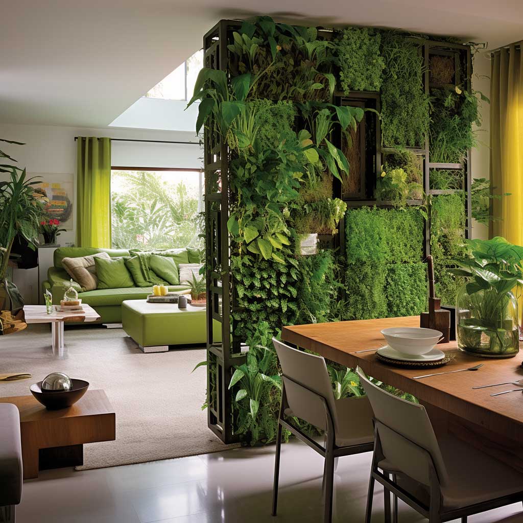A vibrant green partition infused with plants separates the living and dining spaces, bringing a touch of nature indoors.