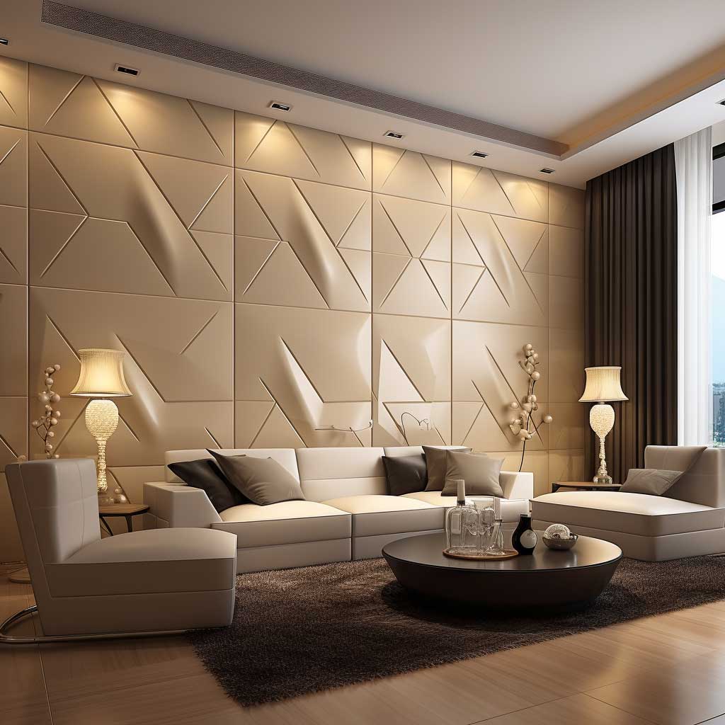 A contemporary living room enhanced with stylish PVC wall paneling.