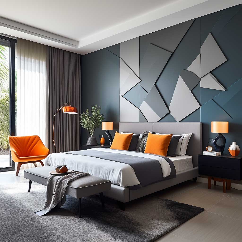 A contemporary bedroom displaying a modern geometric PVC wall panel design, accentuated by sleek furniture and vibrant accents.