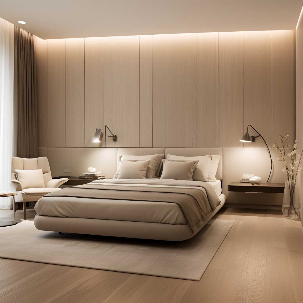 A minimalist bedroom showcasing a serene white PVC wall panel design, complemented by soft lighting and neutral furnishings.