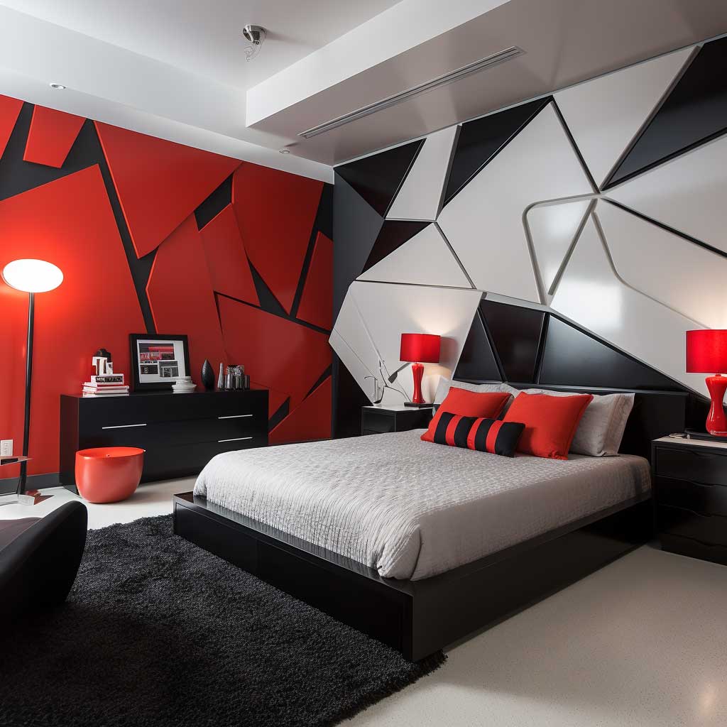 A contemporary bedroom displaying a modern geometric PVC wall panel design, accentuated by sleek furniture and vibrant accents.