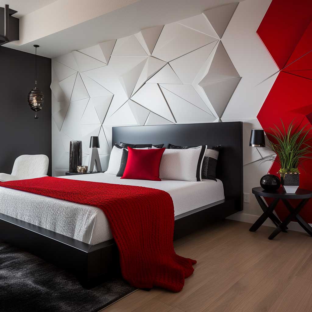 A contemporary bedroom displaying a modern geometric PVC wall panel design, accentuated by sleek furniture and vibrant accents.