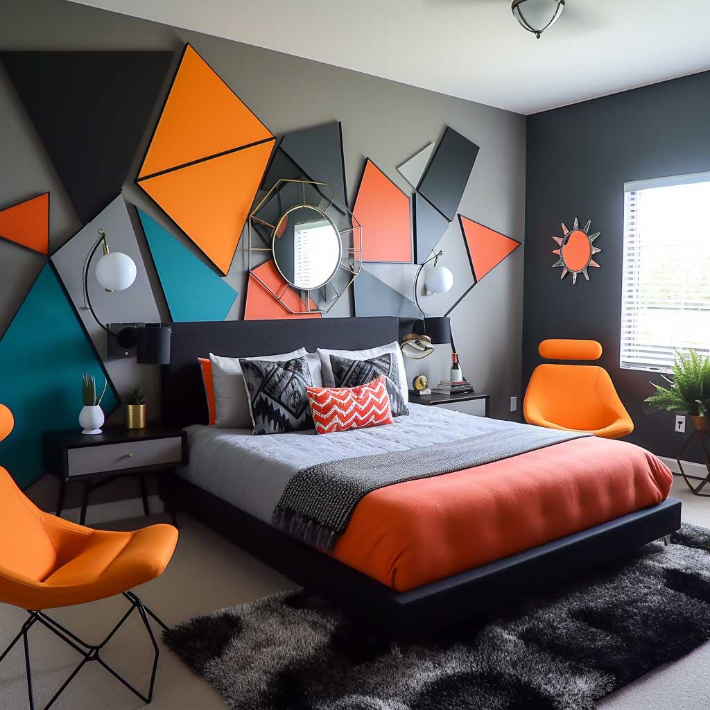 A contemporary bedroom displaying a modern geometric PVC wall panel design, accentuated by sleek furniture and vibrant accents.