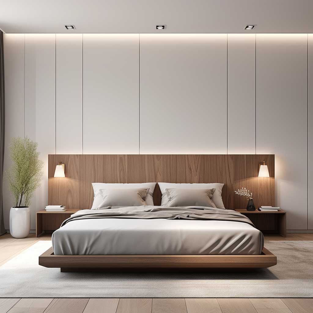 A minimalist bedroom showcasing a serene white PVC wall panel design, complemented by soft lighting and neutral furnishings.