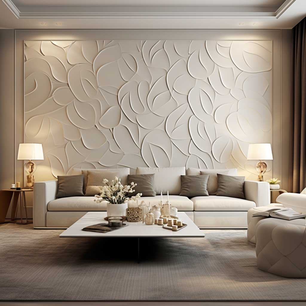 A sophisticated living room with an intricate decorative PVC wall panel design that adds elegance to the space.