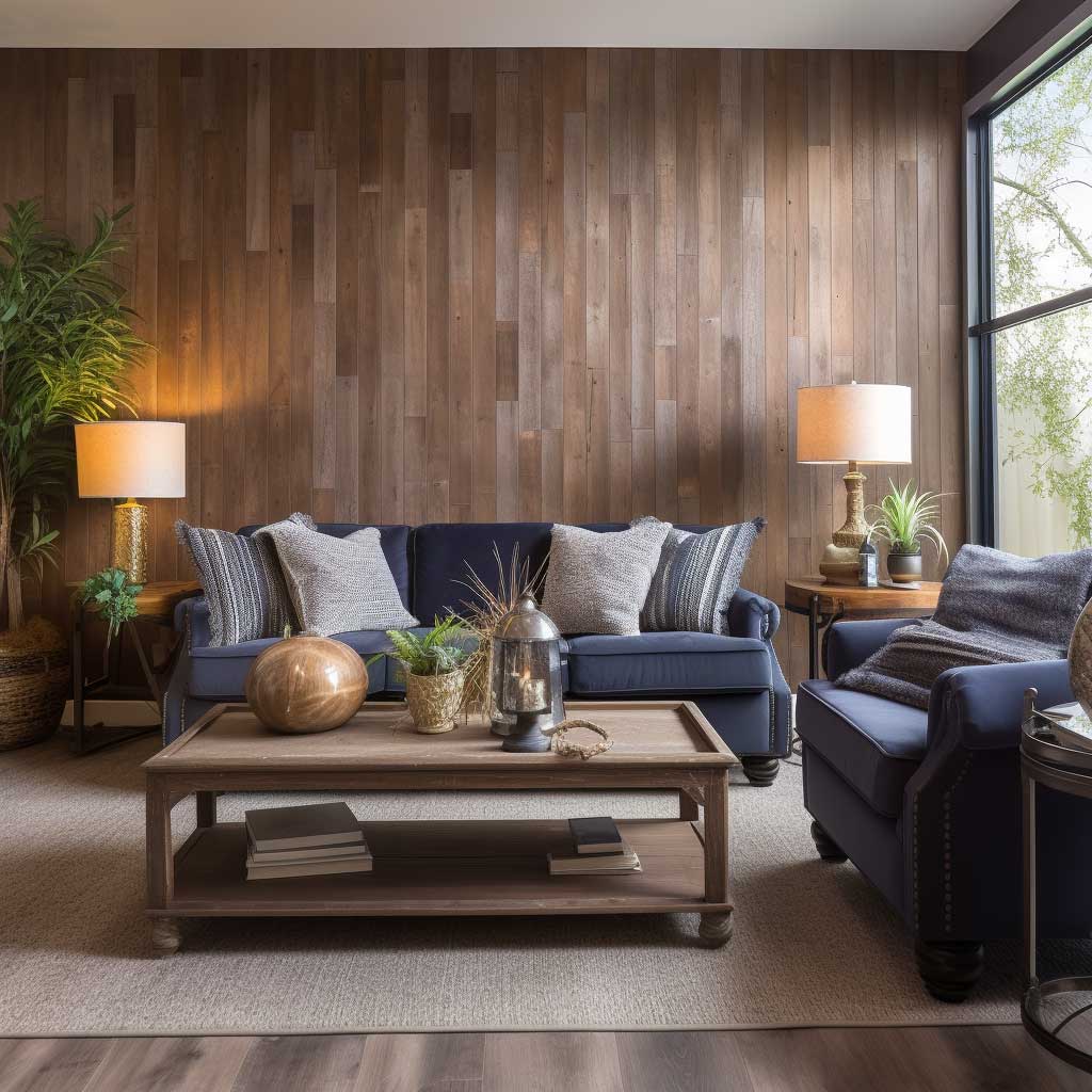A warm and inviting living room featuring PVC wall panels with a wood-grain design, lending a rustic charm to the space.