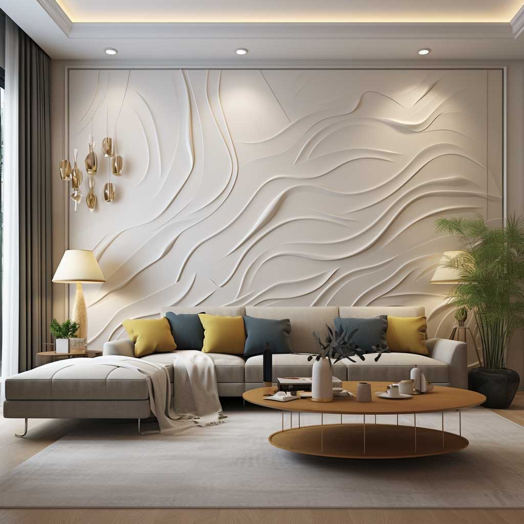 A sophisticated living room with an intricate decorative PVC wall panel design that adds elegance to the space.