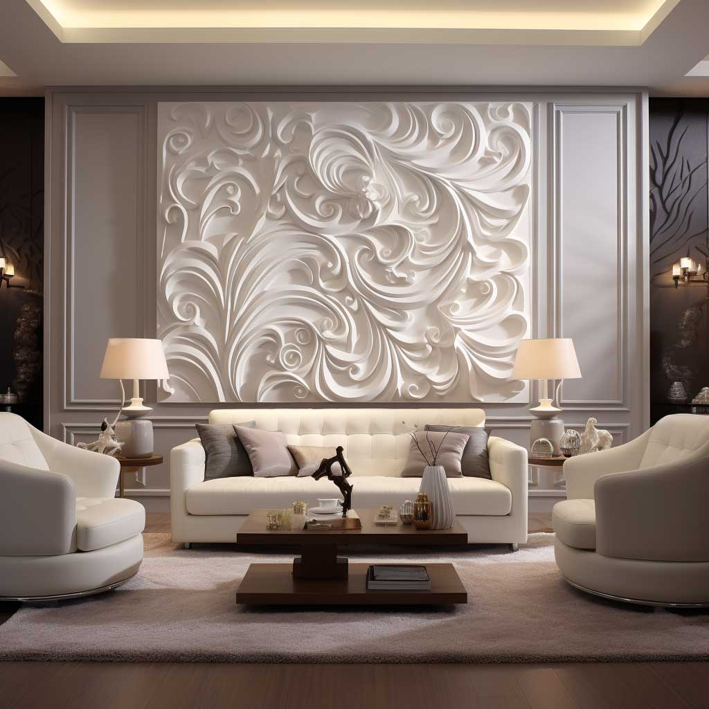 A sophisticated living room with an intricate decorative PVC wall panel design that adds elegance to the space.