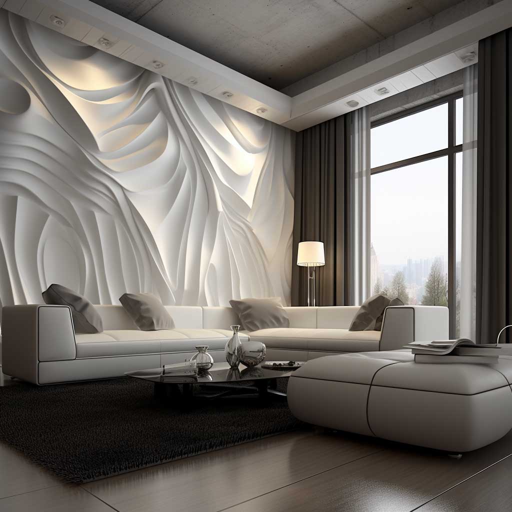 A stunning living room, rendered unique with its 3D PVC wall panels; the monochromatic color scheme adds to the futuristic feel.