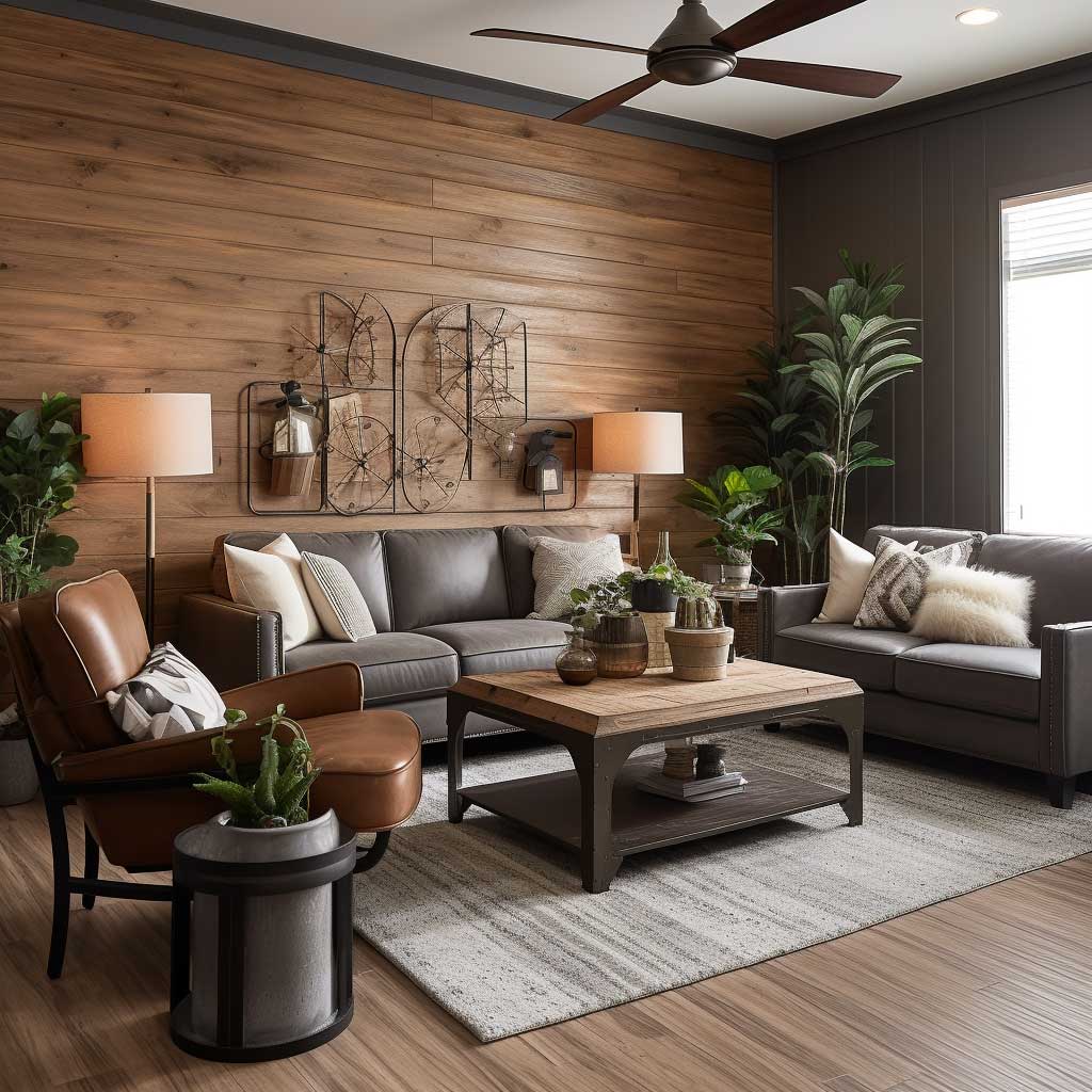 A warm and inviting living room featuring PVC wall panels with a wood-grain design, lending a rustic charm to the space.